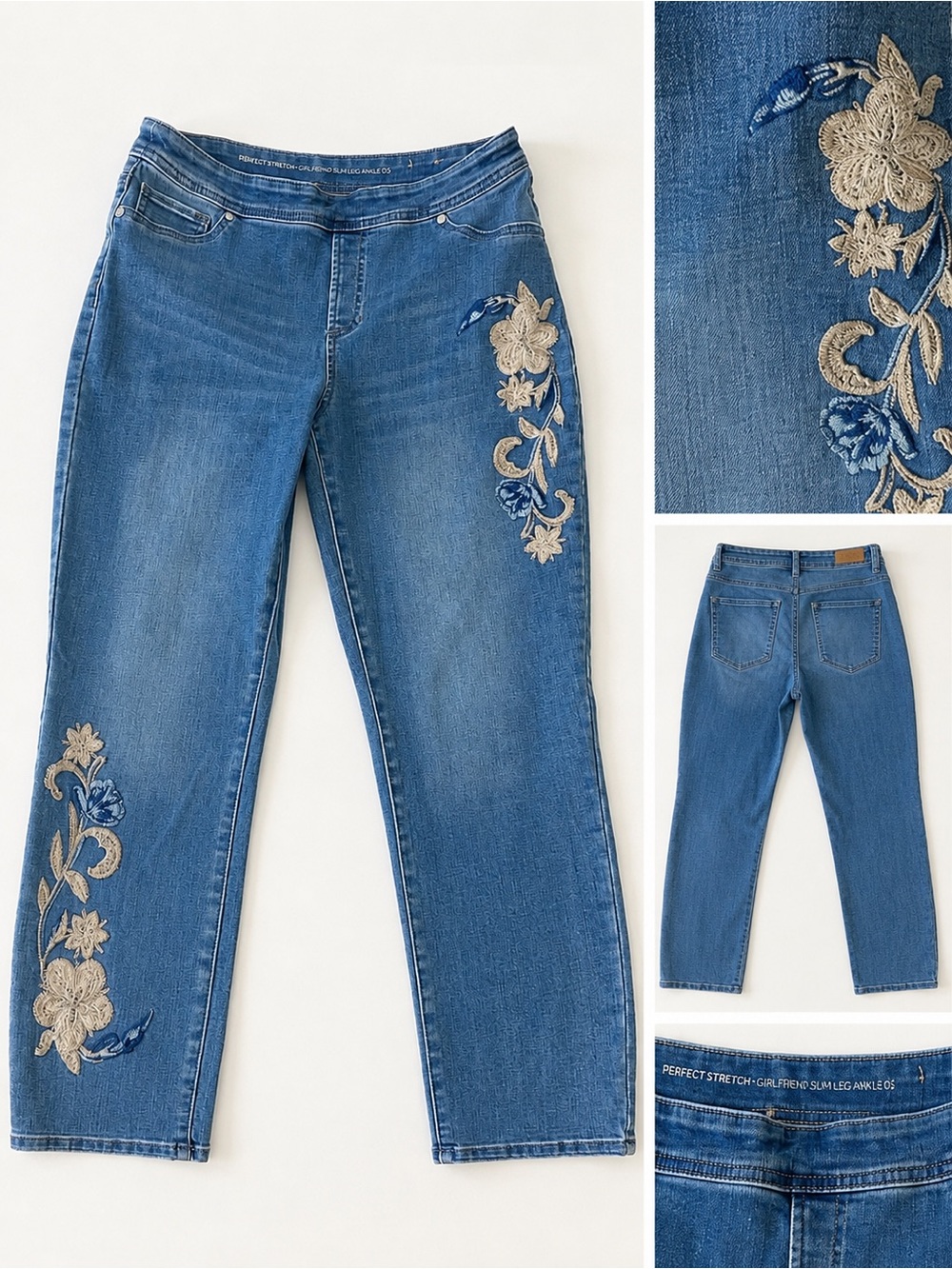 Chico's Blue Embroidered Boyfriend CAPRI Jeans with Beige Floral Appliqué